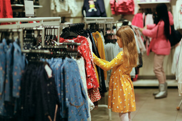 Fototapeta na wymiar Caucasian child girl with long blonde hair in store examines and chooses clothes and dresses, children's shopping