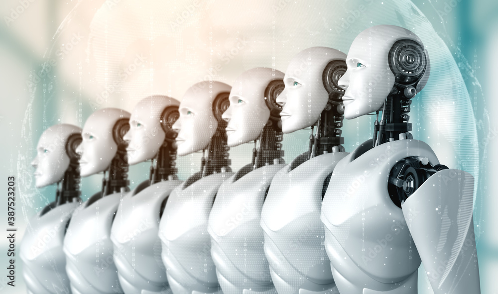 Aufkleber 3d illustration of robot humanoid group in concept of future artificial intelligence and 4th fourth 