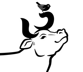 鳥と「うし」の筆文字が角になっている見上げながら笑う牛