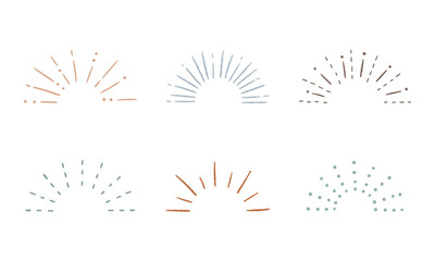 手書きの太陽線、サンバーストのセット／注目／気づき／ポイント／集中／驚き／飾り／装飾／重要