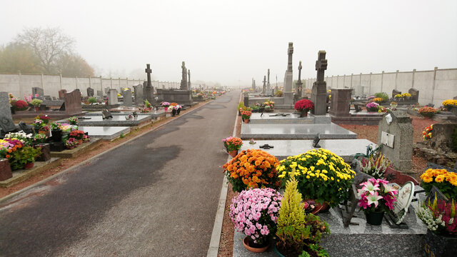 vue d'un cimeti&egrave;re sous le brouillard