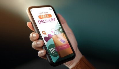 Free Delivery Promotion Concept. Digital Marketing Strategy. Closeup of Customer Woman Using Mobile Phone to Shopping Online. Free Shipment Campaign show on Screen