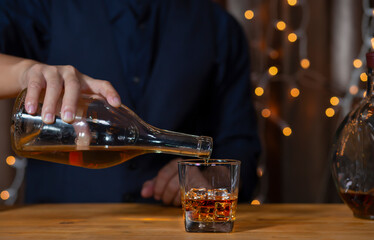 Bartender Serve Whiskey, on wood bar, 