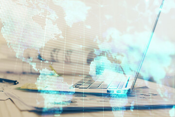 Multi exposure of business theme icons and work space with computer background. Concept of success.