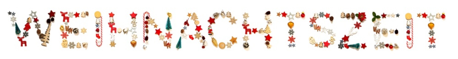 Colorful Christmas Decoration Letter Building German Word Weihnachtszeit Means Christmas Time. Festive Ornament Like Christmas Tree, Star And Ball. White Isolated Background
