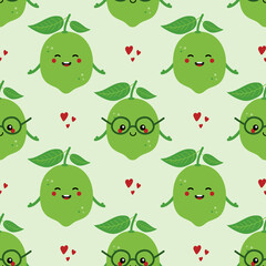 Cute citrus green lime characters and red hearts for food design isolated on white background.