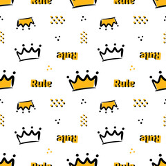 Modern trendy vector seamless pattern background with crowns, dots and design elements.