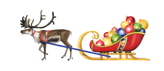 Watercolor reindeer in Santa Claus sleigh with Christmas balls