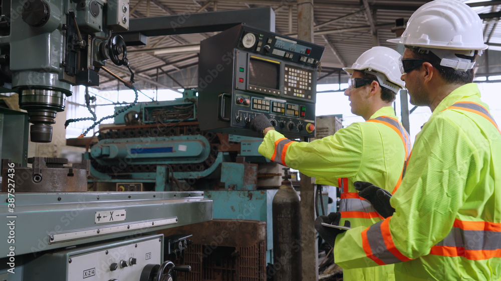 Poster group of factory workers using machine equipment in factory workshop . industry and engineering conc
