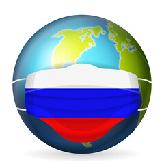 World globe with medical mask Russia flag