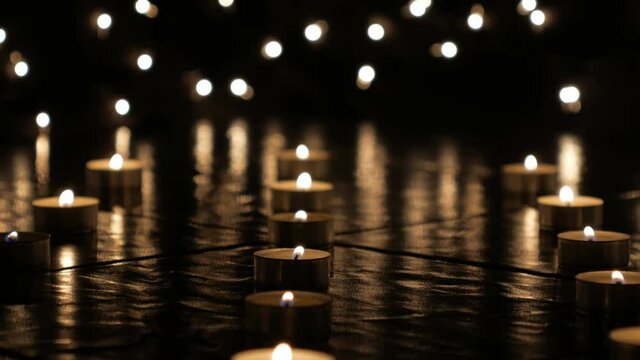 Dolly forword shot of candles burning at night.