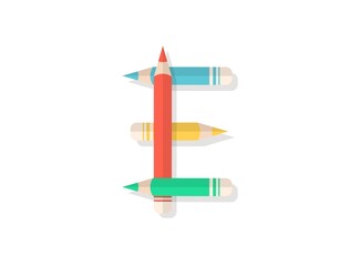 E letter font made of multicolored pencils. Vector design element for logo, banner, posters, card, labels etc.