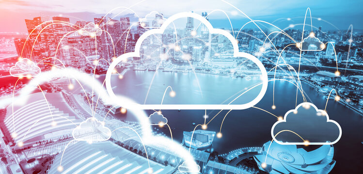 Cloud computing technology and online data storage for global data sharing. Computer connects to internet network server service for cloud data transfer presented in 3D futuristic graphic interface.