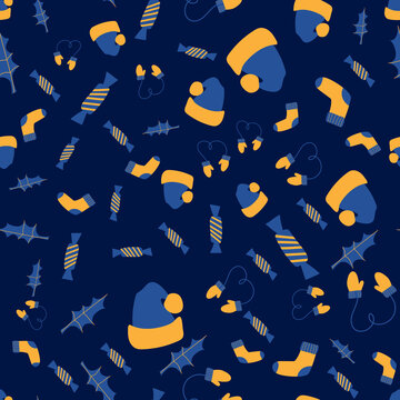 Seamless pattern, modern yellow-blue background with Christmas attributes.
