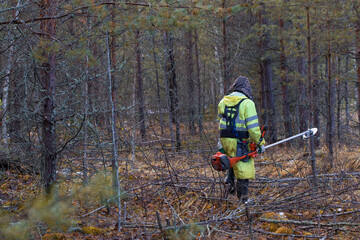 Lumberjack does forest maintenance. The forester works as a brush cutter in forest plantations....