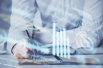 Close up of human hands and abstract innovative technologies for industries. Double exposure.