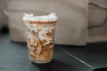 ice latte coffee in plastic glass