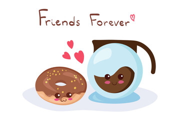 Cute stock vector illustration with Coffee Pot & Donut. Kawaii happy smiling food characters isolated on white with lettering. Funny dessert doodle. Use for t-shirt print, kids menu design, post card.