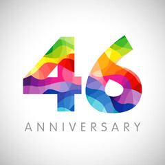 46th anniversary numbers. 46 years old logotype. Bright congrats. Isolated abstract graphic design template. Creative 4, 6 sign 3D digits. Up to 46%, -46% percent off discount. Congratulation concept.