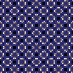 Vector seamless pattern texture background with geometric shapes, colored in blue, brown, black, white colors.