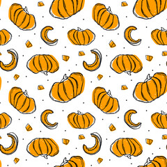 Illustration orange pumpkin with various pieces free hand seamless pattern on white background. Doodle style.