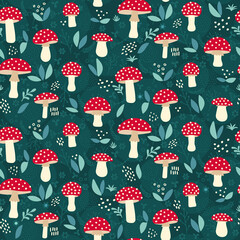 Amanita mushroom seamless pattern design - cute red mushrooms with white dots on green background - 387530823