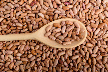 Top view of one wooden spoon in many fresh organic red beans in warm light, top view or flat lay of organic vegan food photographed with soft focus.