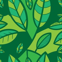 Seamless pattern with different eaves on  green background. Vector print with plants.