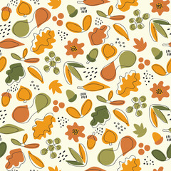 Autumn seamless pattern - fall mood and colors with abstract shapes and sketches background