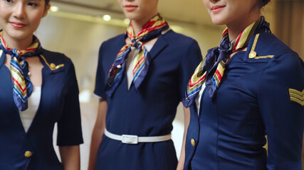 Group of cabin crew or air hostess in airplane . Airline transportation and tourism concept.
