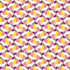 Vector seamless pattern texture background with geometric shapes, colored in red, yellow, brown, purple, white colors.