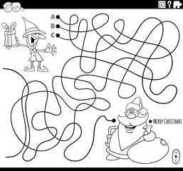 line maze with Christmas characters coloring book page