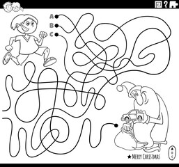 line maze with Santa Claus and boy coloring book page