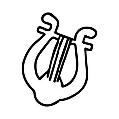 Beautiful hand-drawn black vector illustration of one toy harp isolated on a white background for coloring book for children. stringed musical instrument