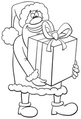 cartoon Santa Claus with big present coloring book page