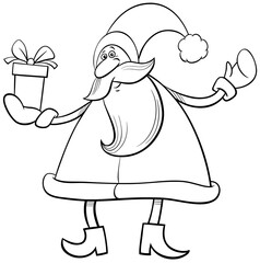 cartoon Santa Claus Christmas character with sack of presents coloring book page