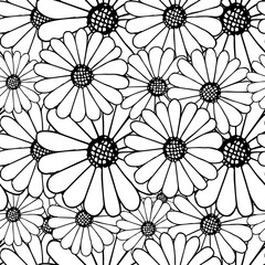 Outline daisy on white seamless background. Botanical endless pattern for fabric print, for wallpaper, for web, for print art design stock monochrome vector illustration for web, for print