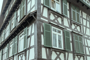 Fototapeta premium detail of picturesque old wattle house corner at historical little town, Oberkirch, Germany