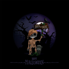 Halloween background with haunted house, bats, graveyard and Mummy vector illustration. Copy space for text.