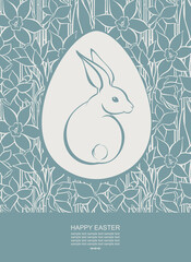 Easter card with egg and rabbit on floral background. Easter template with copy space for your text. 