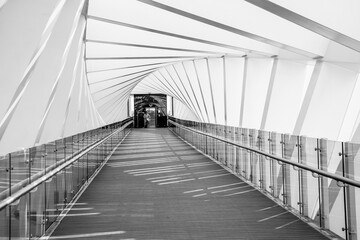 Inside of a pedestrian bridge known as a twisted bridge in Dubai. UAE