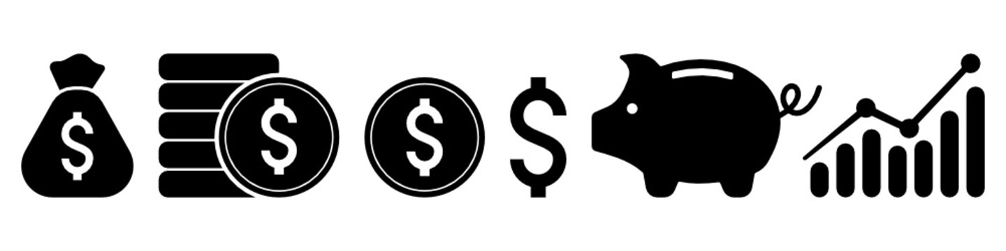 Set of money symbol. Cash icon. Money bag, piggy bank, graph, dollar sign