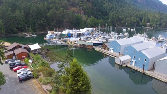 Genoa Bay in Vancouver Island, aerial view of cars parked along the coast