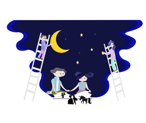 Illustration  family parenting concept. Boy and girl reading Story books. Dad and mom are climbing stairs and decorating their children's imagination.