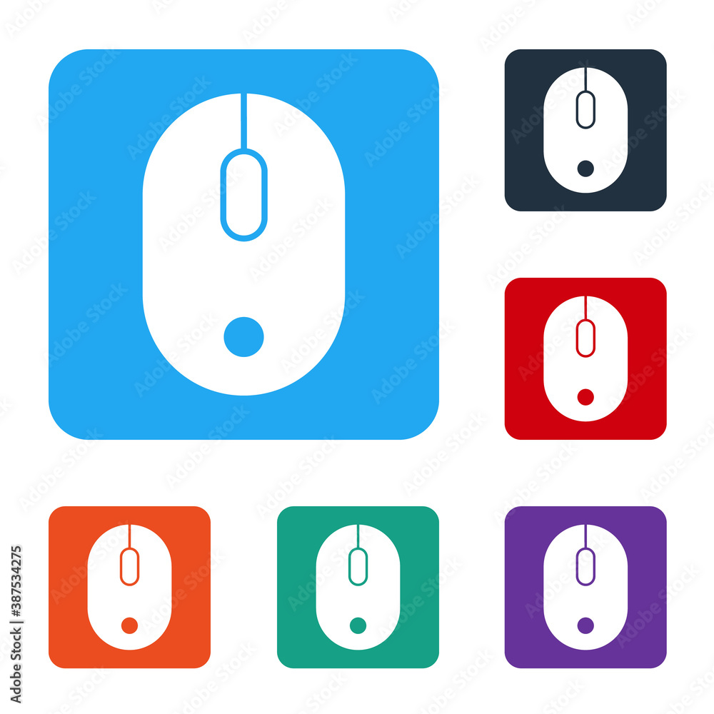 Poster white computer mouse icon isolated on white background. optical with wheel symbol. set icons in colo