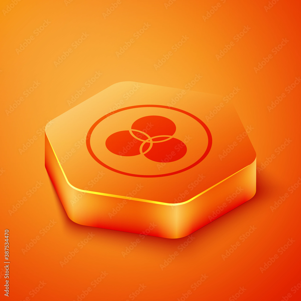 Poster isometric rgb and cmyk color mixing icon isolated on orange background. orange hexagon button. vecto