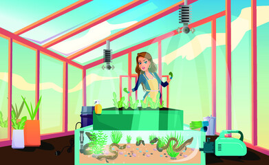 Girl working on aquaponic farm