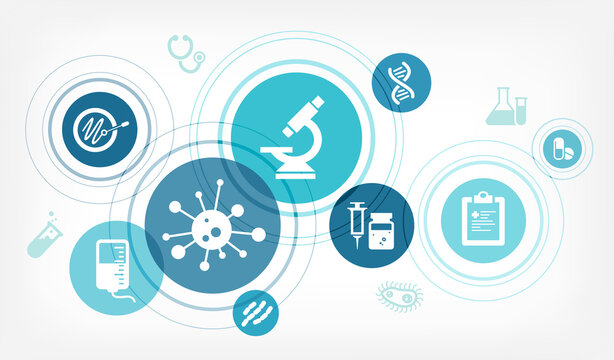 Medical research vector illustration. Concept with icons related to medicine and science, laboratory analysis, disease treatment, diagnosis, clinical trial or scientific therapeutic study.