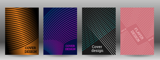 Set of abstract covers. Wavy parallel gradient lines. Cover design, background, trendy banner, poster.
