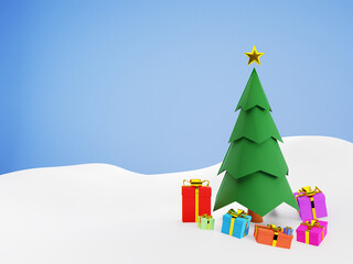 Low poly christmas tree., on a snow background.3D.